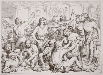 Hereward sieht Martin Lightfoot mit dem Brief abfahren, Illustration aus Hereward the Great von Charles Kingsley, veröffentlicht 1870, graviert von C.G. Lewis